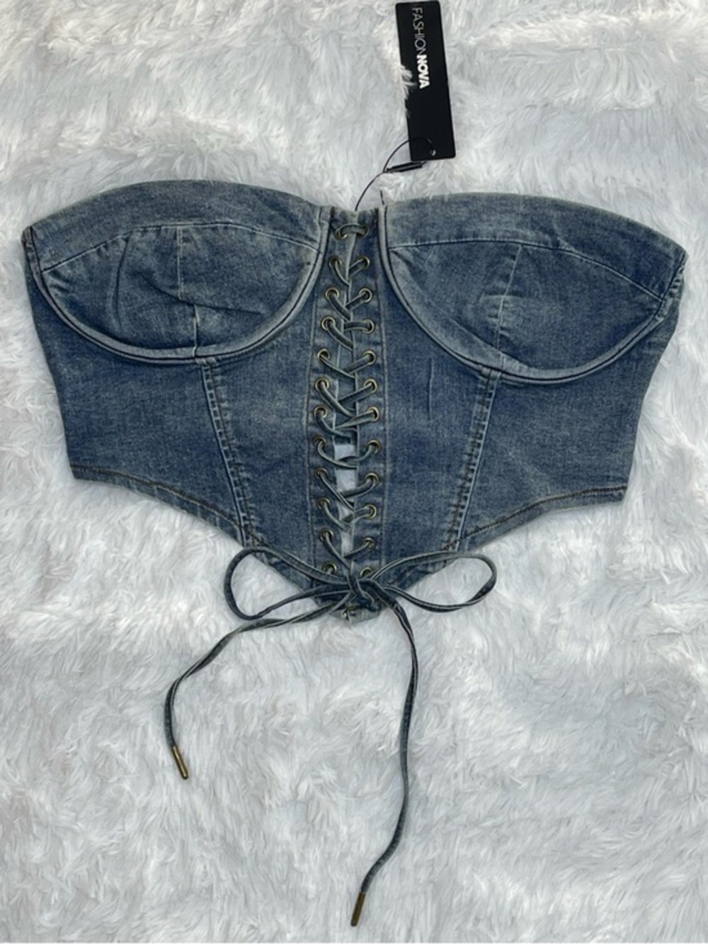 Fashion Nova Women’s MediumWash Denim Lace-Up Corset Crop Top Size XL NWT